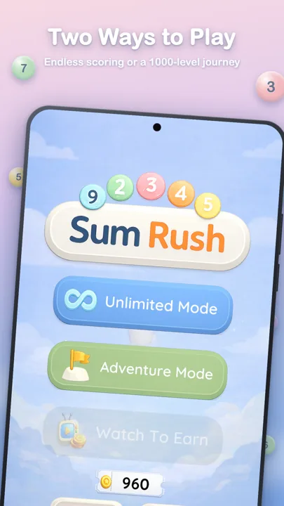 Sum Rush+ home screen with Unlimited and Adventure modes
